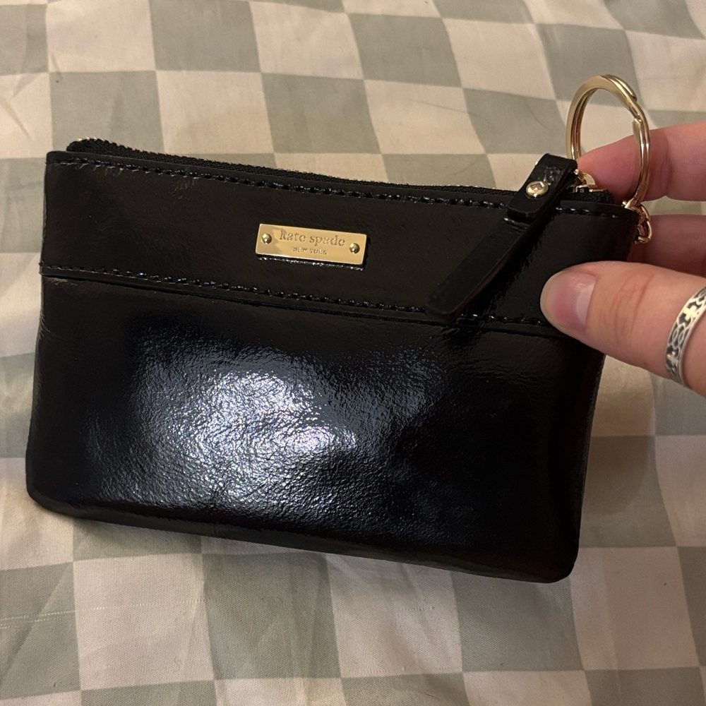 Kate Spade Glossy Black Leather Wristlet with Gold Ring — Storybook Lining - Picture 15 of 16